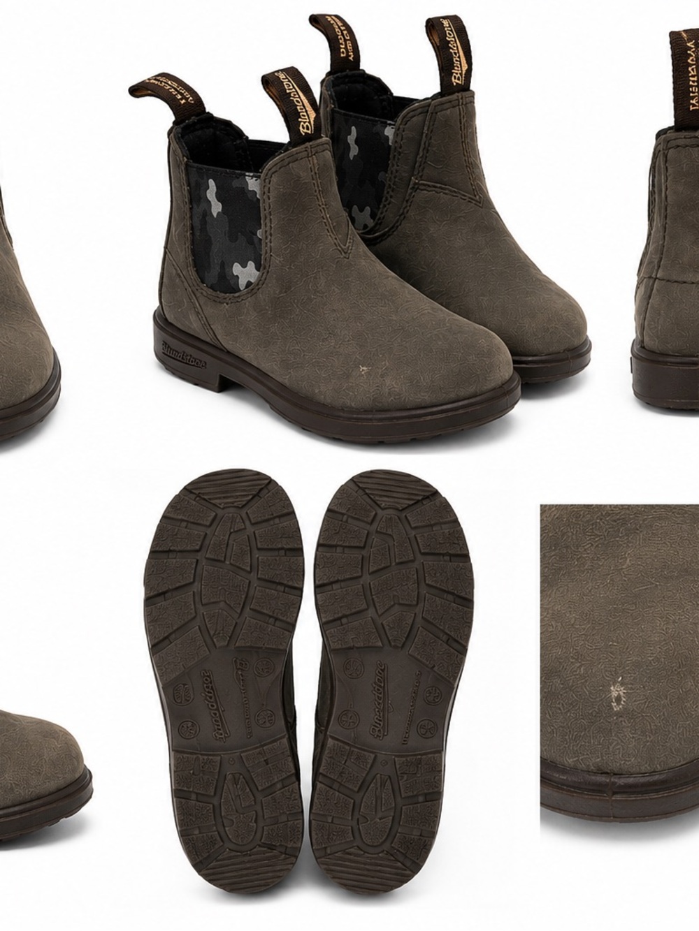Blundstone Kids Chelsea Boots Brown/Gray Nubuck Leather Camo Side Panels Size 9
